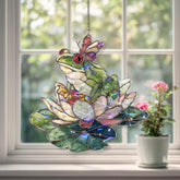 Frog on Lotus Acrylic Suncatcher, Stained Glass Style Water Lily and Butterfly Window Hanging, Whimsical Pond Nature Lover Gift Decor